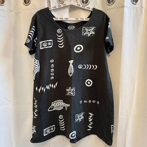 Vtg Exist Sports Line Womens Dress Tunic Green Fish Line Art Retro Aztec 19561
